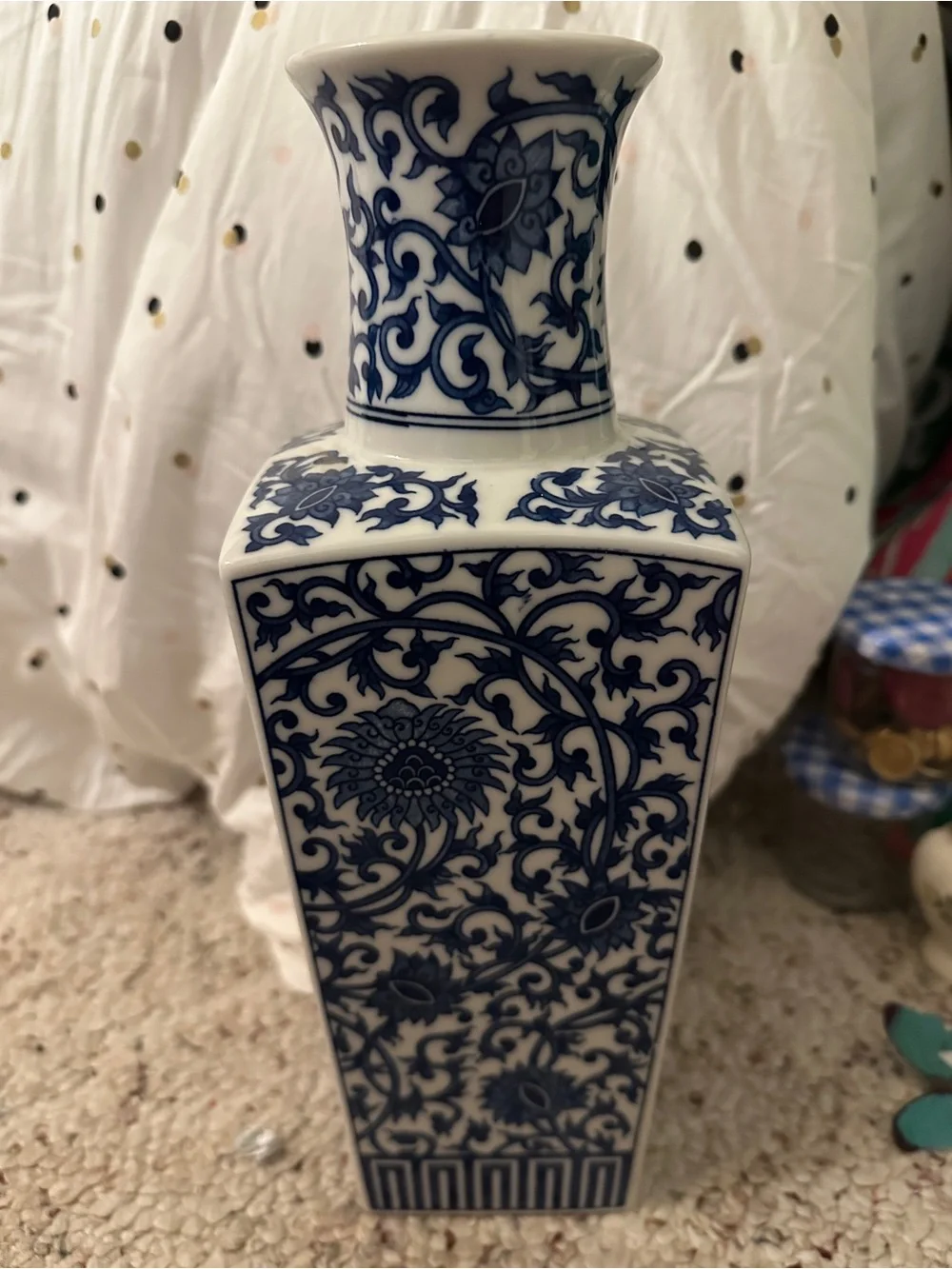 Vintage Blue and White Chinese Porcelain Vase Square Baluster Form